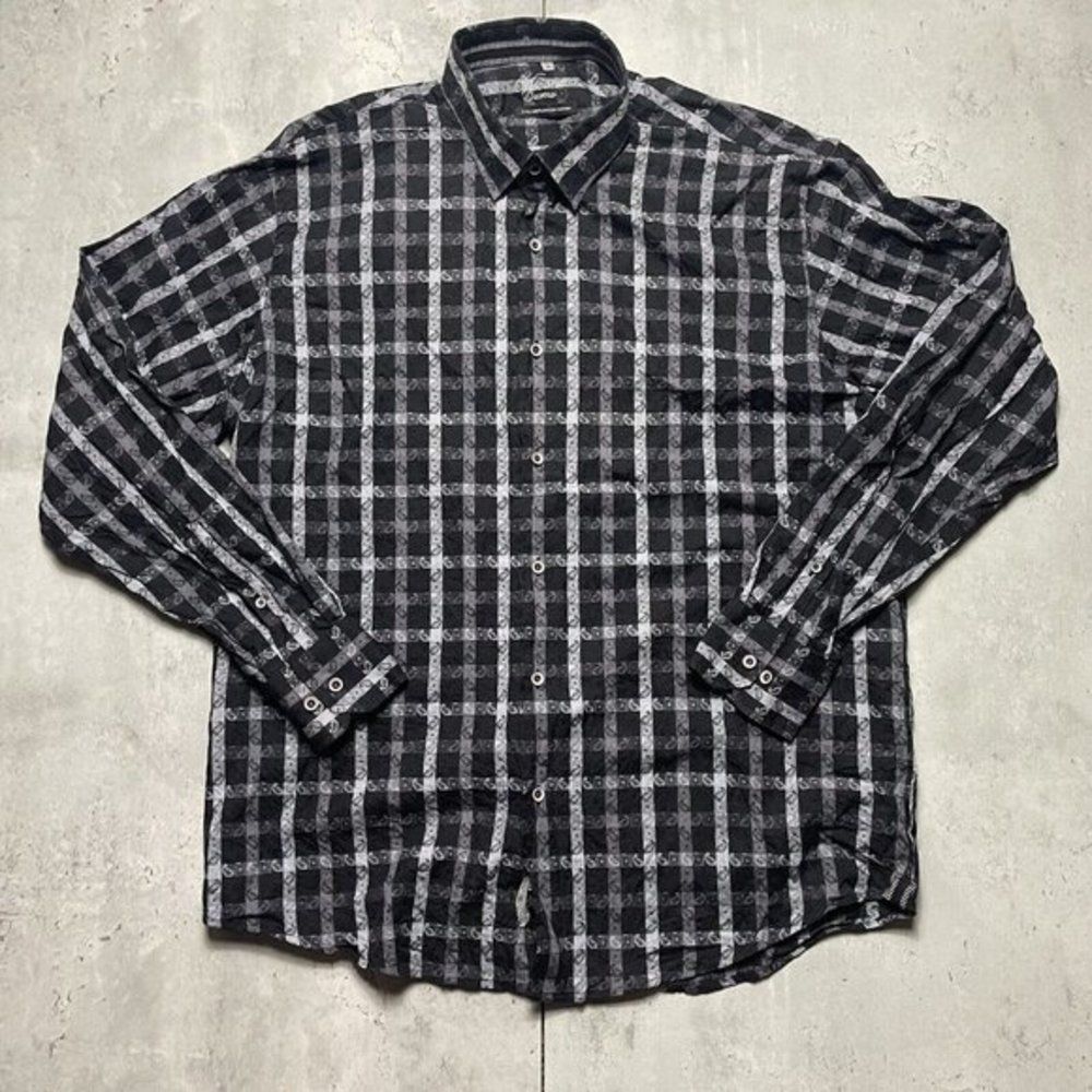 Visconti Uomo Mens Sz L Black Paisley Striped Flip Cuff Button Shirt Long Sleeve